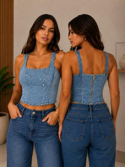 Top Corselet Jeans com Strass e Zíper