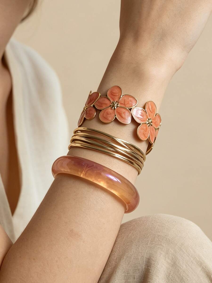 3pcs Vintage Vibrant Enamel Floral Stainless Steel Gold Elegant Floral Bracelet Set, High Street Fashion Resin Translucent Bright Summer Mix & Match Jewelry, Elegant Enamel Open Bangle Bold Aesthetic Accessory Stackable