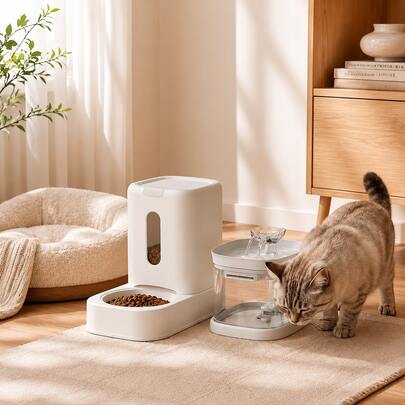 2-In-1 Automatic Pet Feeder And Water Dispenser Set 121.73oz Automatic Refill Feeder 60.87oz Circulating Water Dispenser, Easy To Clean, Suitable For Indoor Cats And Small Dogs