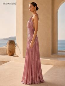 Dusty Rose Metallic Plissé Halter Maxi Dress - 重量 - 查看 5