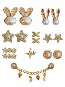 16PCS Gold Bunny Star Shoe Charms Set, Pearl Rhinestone Chain DIY Decoration Accessories, Cute Elegant ABS Charms For Clogs Sandals Shoes, Women Girls - Gold - View 8