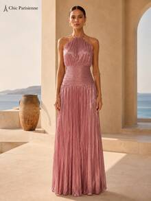 Dusty Rose Metallic Plissé Halter Maxi Dress - 重量 - 查看 8