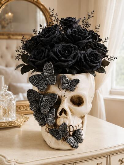 1pc Gothic Skull Vase, Butterfly Decor Flower Pot And Planter For Artificial Flowers, Succulents Or Dried Arrangements; Unique Cream Gothic Home Decoration For Vanity, Bookshelf, Living Room, Bedroom, Halloween Party And Dining Table, Gift Idea