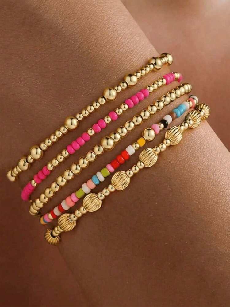 Set Gelang Manik-Manik Salib Buatan Tangan Bohemian 10 Buah, Manik-Manik CCB Mutiara Emas Warna-warni, Cocok untuk Pemakaian Sehari-hari, Liburan, Perjalanan, Hadiah untuk Teman dan Pacar (Manik-Manik Peach dan Emas Diacak, Harap Pesan dengan Hati-hati Jika Anda Keberatan) - MultiWarna - View 2
