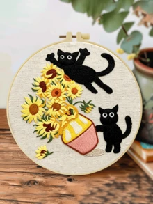 成人初學者刺繡套件,趣味貓咪圖案,含布料、逐步教學指南、繡框、針與線,適合感恩節/聖誕節送禮,居家、花園或辦公室裝飾,20x20cm/7.9in - A - 查看 15