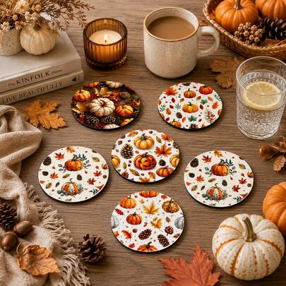 6pcs 5-Inch Pumpkin Pattern Round Plaid Coasters 8/24 Set, Non-Slip Rubber Bottom Coffee Cup Coasters, Beverage Coasters, Suitable For Home, Office, Bar, Kitchen, Autumn Thanksgiving Holiday Tabletop Decor Party
