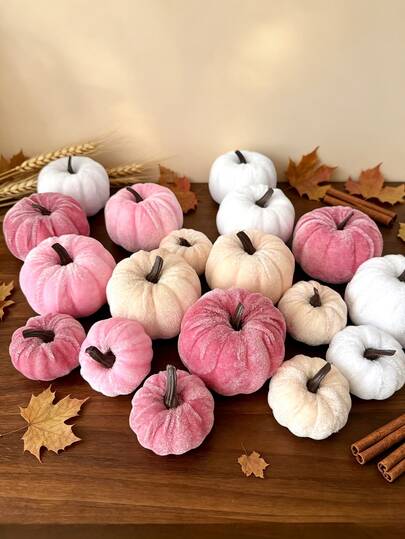 1 Set Velvet Artificial Pumpkin, Pink Faux Velvet Autumn Decor, Suitable For Halloween, Thanksgiving, Autumn Harvest, Home, Wedding, Farmhouse, Tabletop, Christmas Party Decoration, Creative Gift