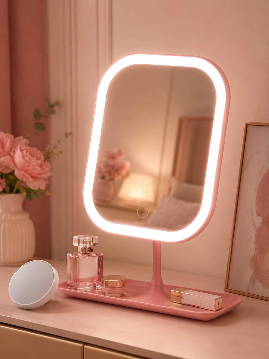 LED Lighted Makeup Mirror, 3 Lighting Modes Desktop Vanity Mirror, Adjustable Brightness Desktop Beauty Mirror, USB Rechargeable Portable Makeup Mirror, Touch Control Lighted Mirror, Suitable For Bedroom, Student Dorm, Office Desk, Travel Touch-Up, Back To School Essential, Christmas, Valentine's Day, Thanksgiving Women's Gift - Multicolor - View 1