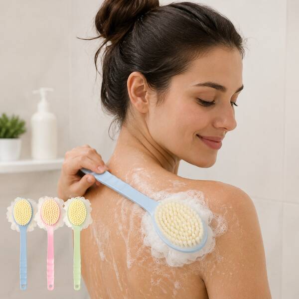Cepillo de baño de mango largo con cerdas suaves 2 en 1, cepillo de espalda de doble cara, cepillo de ducha para baño, bola de baño, herramienta de baño