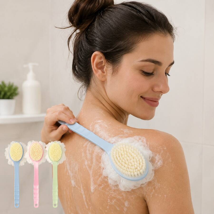 Sikat Mandi Gagang Panjang Bulu Lembut 2-in-1 Sikat Punggung Dua Sisi Sikat Mandi Kamar Mandi Bola Mandi Alat Mandi - MultiWarna - View 1