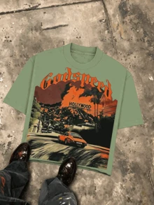 Holly Wood Hills Orange Sunset Distressed Desert Vintage Tee, Oversized 180g Relaxed Cotton, Road Trip Travel Outfit For Men - 淺綠色 - 查看 10