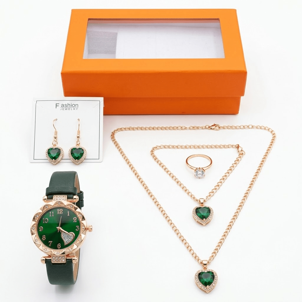 Set 6pz Reloj Mujer + Joyería Corazón Verde Oro Rosa  Caja Regalo - Accesorios Dama Elegante para San Valentín, Fiesta y Oficina