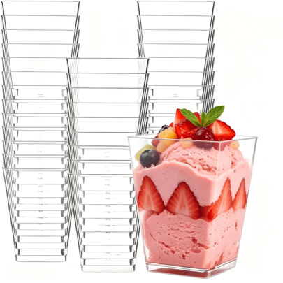 10/25/50pcs Transparent Mini Square Dessert Cups, 5oz Reusable Mousse Cups Suitable For Yogurt, Pudding, Oatmeal, Fruit And Appetizers - Mini Parfait Cups, Stackable Party Cups, Suitable For Home Gatherings, Beach Theme Party Decor, Summer Water Sports, Beach Birthday Party, Christmas, Wedding, Party