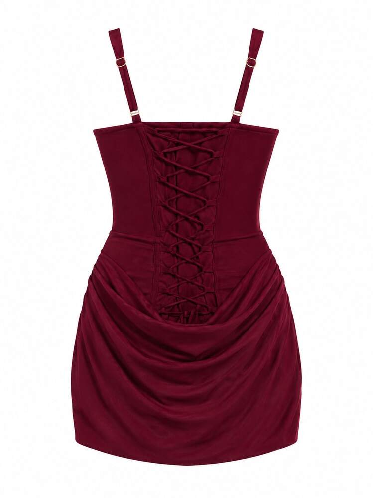 Square Neck Sleeveless Ruched Bodycon Mini Dress, High Waisted Lace Up Back Slimming Corset Inspired Party Dress For Women