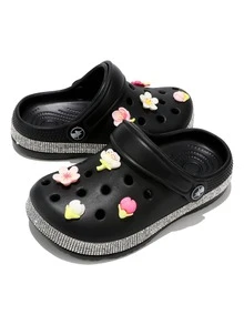 HOEASE Girls' EVA Clogs, Breathable Summer Beach Shoes & Garden Shoes For Boys & Girls, Slip-On Design, Shining Rhinestone Decoration, All Season Footwear - Black - View 3
