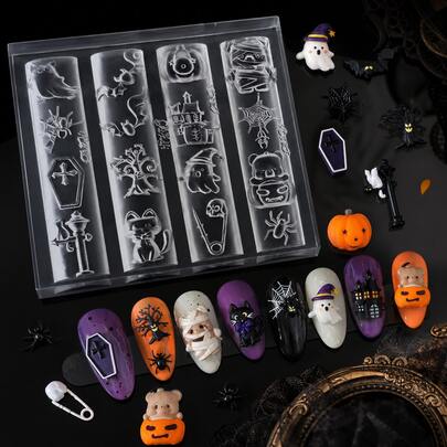 1pc Dark Halloween Nail Art Mold, Ghost Black Cat Pumpkin Lantern, Spider Web Coffin And Cross, Haunted House Dead Tree And Little Bat, Can Mold Holiday Atmosphere Accessories, Soft Mold Easy To Demold, Reusable, Transparent Template With Clear Texture, Easy To Fill Color, Beginners Can Also Create 3D Effect, One Set Includes Multiple Sizes And Specifications To Meet Different Nail Surface Needs, DIY Handmade Easy To Start, Finished Product Is Cute And Cool, Suitable For Daily Decoration, Halloween Party, Salon Creation, A Thoughtful Choice For Nail Art Enthusiasts
