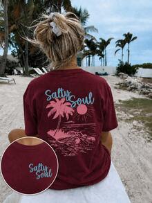 Women's Burgundy Salty Soul Palm Tree Graphic T-Shirt, Oversized Short Sleeve Tee, Vacation Outfits Women, Back To School Clothes, Fall Casual Top - 酒紅色 - 查看 1