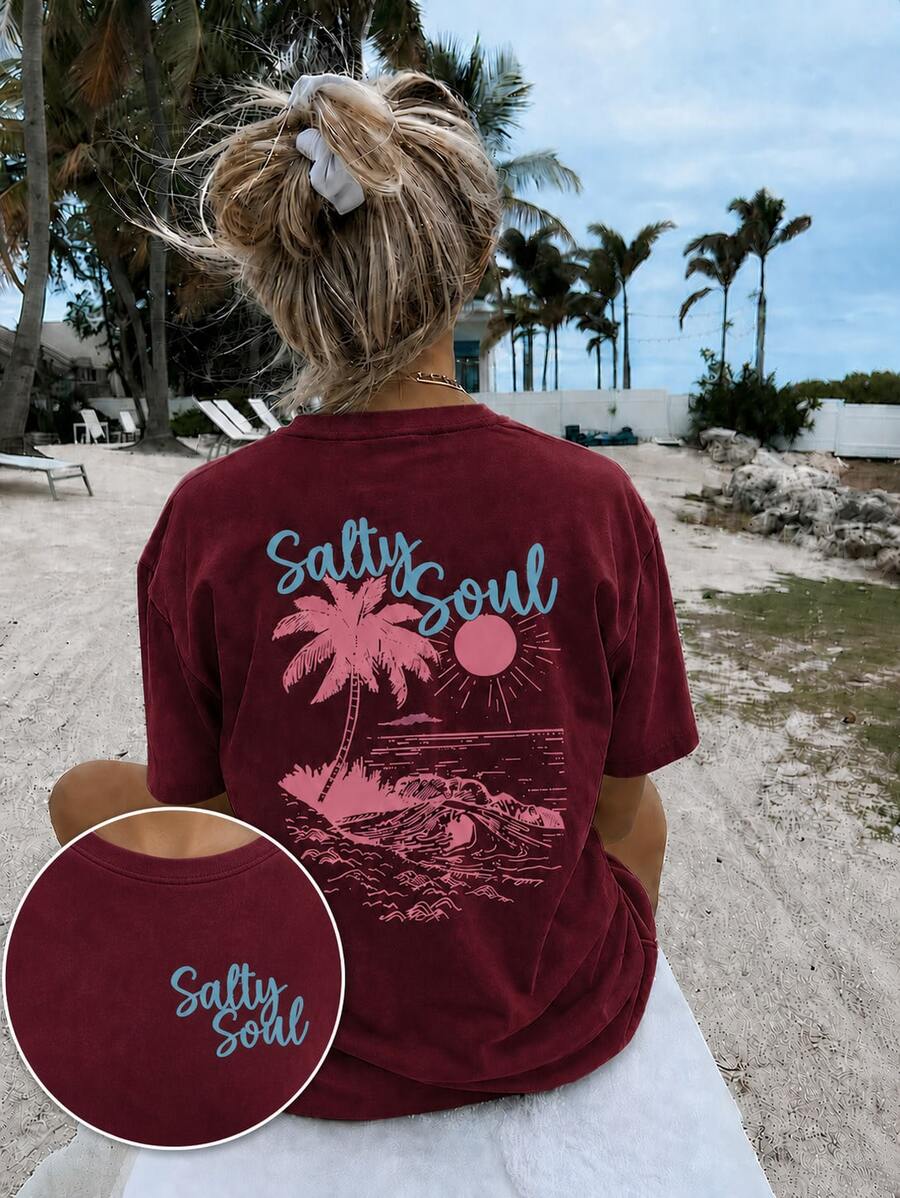 Women's Burgundy Salty Soul Palm Tree Graphic T-Shirt, Oversized Short Sleeve Tee, Vacation Outfits Women, Back To School Clothes, Fall Casual Top - 酒紅色 - 查看 1