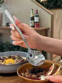 2/5pcs Stainless Steel Hammered Texture Long Handle Dinner Spoons, Round Soup/Tea Spoons For Home Use - Silver - View 3