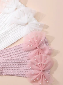 2 Pairs Girls Children Sweet Style Bow Mid-Calf Socks White / Pink Breathable Mid-Calf Socks Suitable For Daily Wear, Party Outfits - Multicolor - View 5