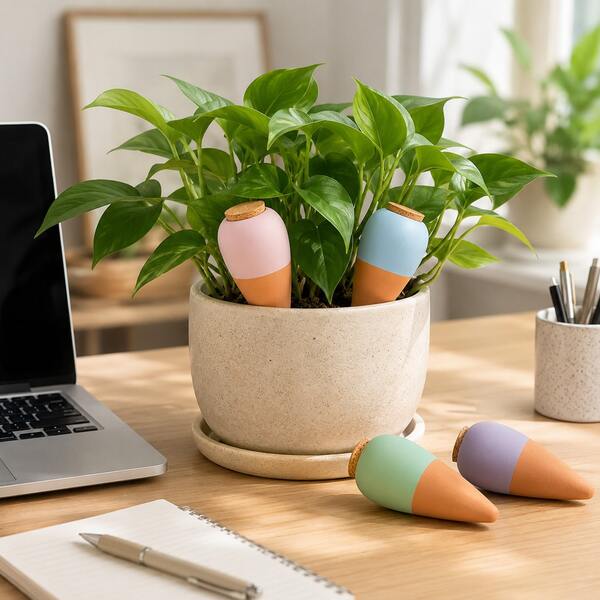 Macaron Color Ceramic Self-Watering Spike With Cork, Slow Release Plant Watering Device For Indoor Potted Plants, Vacation Travel Garden Irrigation Accessory