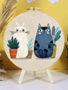 成人初學者刺繡套件,趣味貓咪圖案,含布料、逐步教學指南、繡框、針與線,適合感恩節/聖誕節送禮,居家、花園或辦公室裝飾,20x20cm/7.9in - A - 查看 4