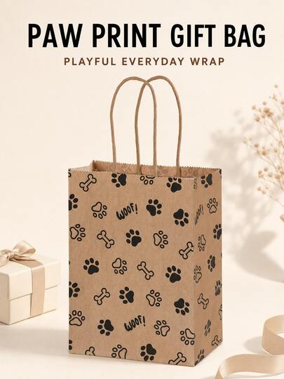 8 buah Kantong Kado Warna Hitam Alami dengan Motif Jejak Kaki dan Tulang Anjing, Pegangan Tali Kepang, Kantong Snack Bertema Anjing yang Lucu, Paket Multi-Pack Gaya Pedesaan Netral untuk Pecinta Hewan Peliharaan, Hadiah Ulang Tahun, Pesta, dan Permen, Kemasan Kado Permen
