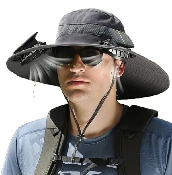 Sombrero Protector Solar con Ventilador Solar para Pesca, Camping y Senderismo | Ala Ancha, Protección UV, Transpirable y Ajustable