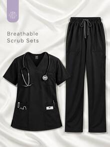 Women's Scrubs Set V-Neck Top And Cargo Pants 2 Piece Set Multi-Pocket Nursing Uniform For Dentist Vet Doctor Black - Black - View 1