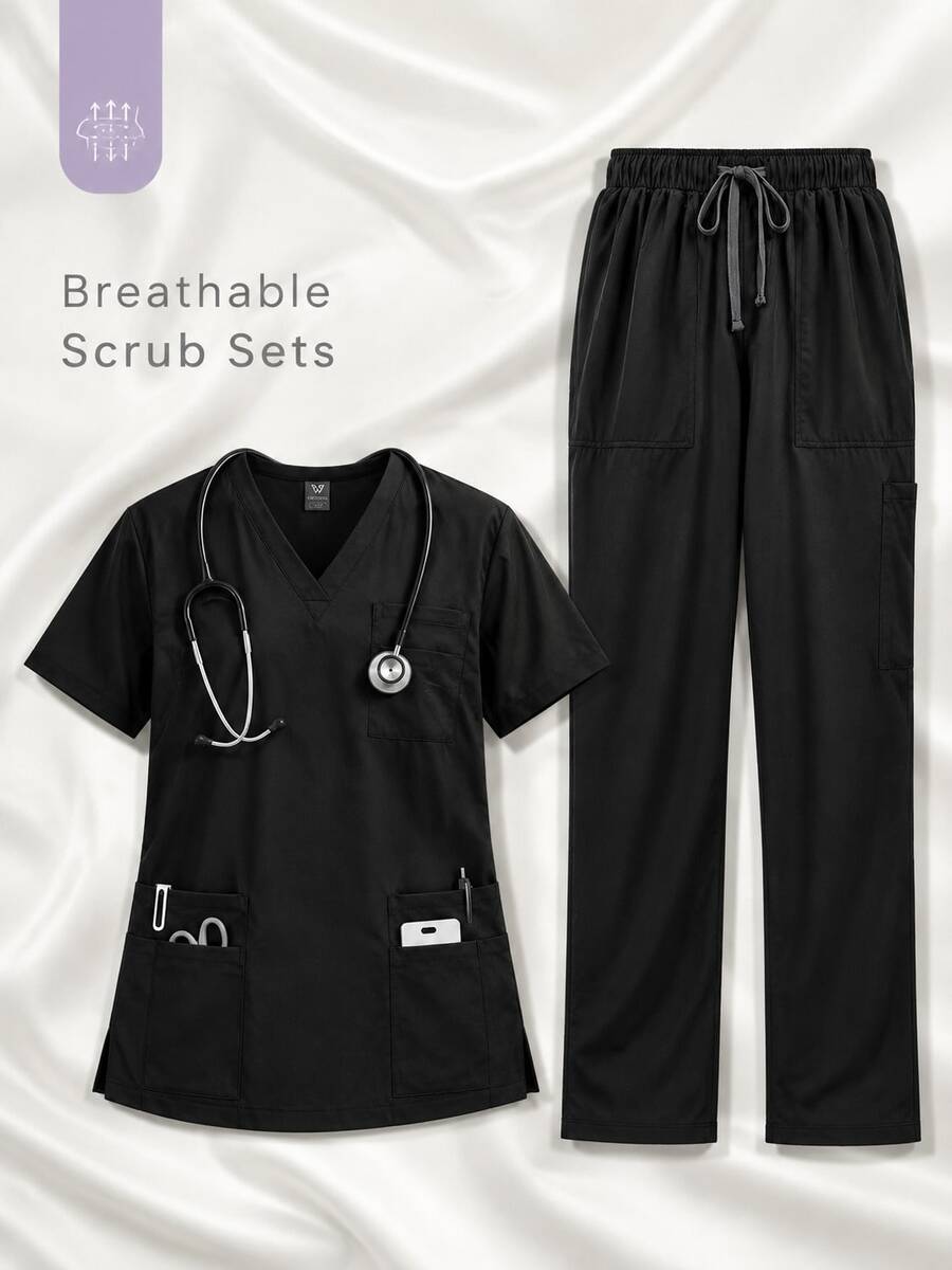 Women's Scrubs Set V-Neck Top And Cargo Pants 2 Piece Set Multi-Pocket Nursing Uniform For Dentist Vet Doctor Black - Black - View 1