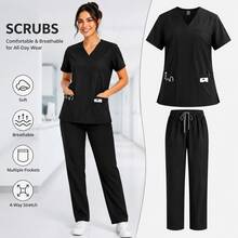 Women's Scrubs Set V-Neck Top And Cargo Pants 2 Piece Set Multi-Pocket Nursing Uniform For Dentist Vet Doctor Black - Black - View 5