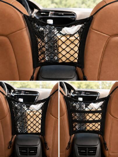 1pc Universal Car Seat Storage Net, Front Seat Gap Handbag Organizer, Double/Triple Layer Elastic Mesh Storage With 4 Hooks, Large Capacity Handbag Tissue Phone Bag, Car SUV Truck Van Back Seat Pet Dog Divider, Black