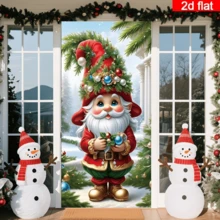 Cortina de puerta de elfo navideño 2D plana, personaje de dibujos animados lindo con decoraciones navideñas, esquema de color rojo y verde, poliéster duradero, sin necesidad de energía, adecuado para decoración con tema navideño, se puede usar para decoración de pared, puerta y ventana interior/exterior, decoración de ambiente festivo, hogar, centro comercial, estudio, escena exterior universal, material de poliéster, sin necesidad de energía - A - Ver 4
