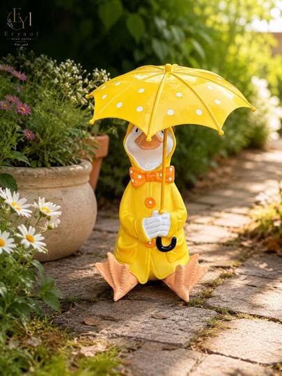 Cute Yellow Duck Garden Statue With Umbrella, Resin Outdoor Decor Figurine Wearing Raincoat, Waterproof Yard Ornament For Patio, Lawn, Flower Bed, Front Porch, Spring Summer Home Decoration Gift