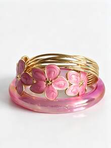 3pcs Vintage Vibrant Enamel Floral Stainless Steel Gold Elegant Floral Bracelet Set, High Street Fashion Resin Translucent Bright Summer Mix & Match Jewelry, Elegant Enamel Open Bangle Bold Aesthetic Accessory Stackable - Flower Set - View 15