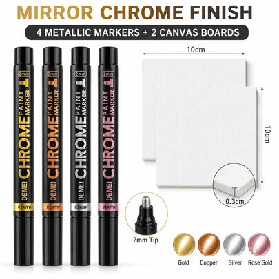 4-Color Mirror Metallic Marker Set With 2 Mini Canvas Boards, 2mm Marker Pens For Canvas, Ceramic, Metal, Glass, Stone & Decorative Touch-Ups