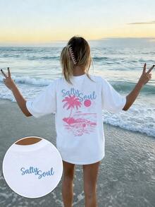 Women's White Salty Soul Palm Tree Graphic T-Shirt, Oversized Short Sleeve Tee, Vacation Outfits Women, Back To School Clothes, Fall Casual Top - 白色 - 查看 1