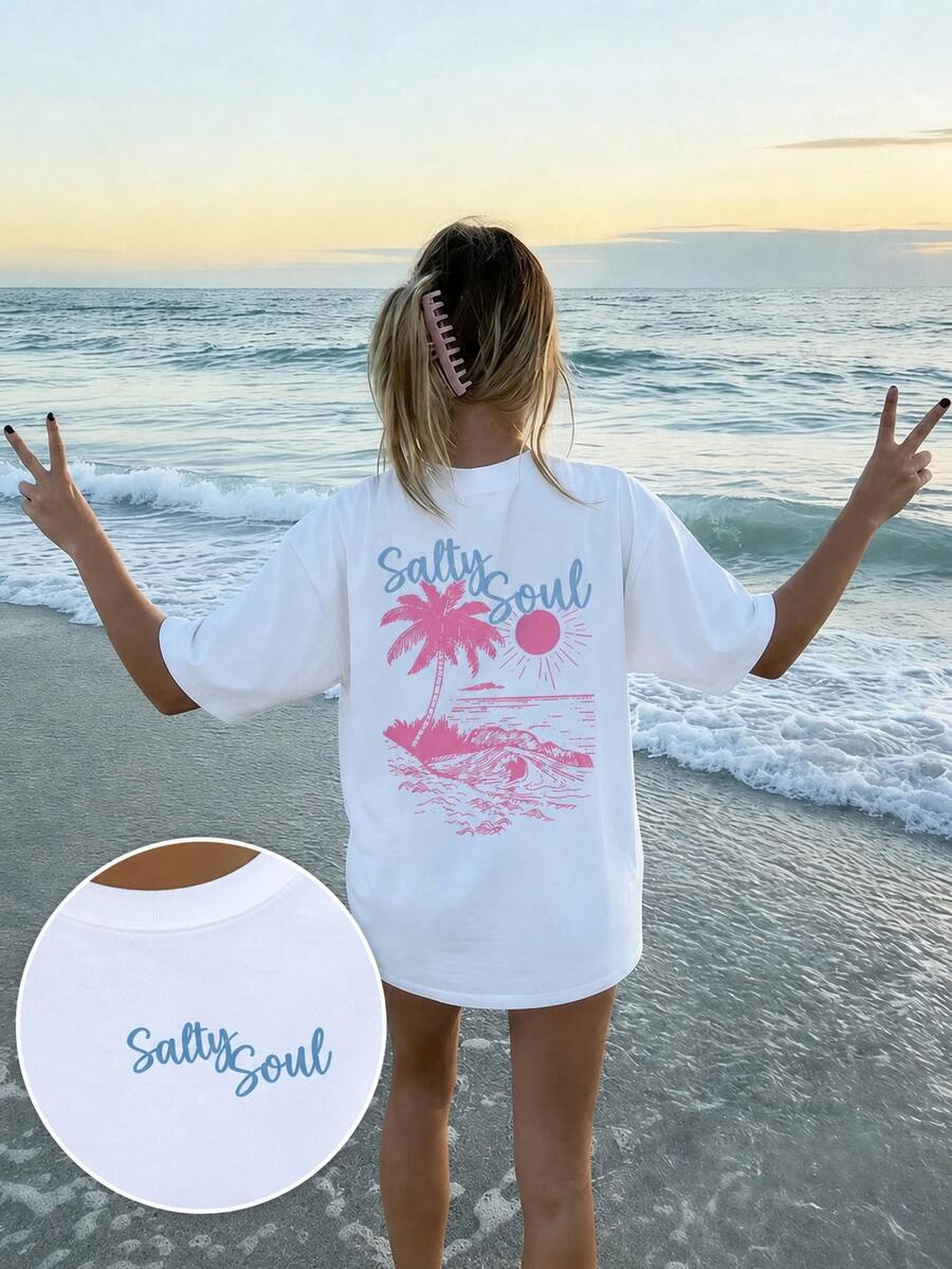 Women's White Salty Soul Palm Tree Graphic T-Shirt, Oversized Short Sleeve Tee, Vacation Outfits Women, Back To School Clothes, Fall Casual Top - 白色 - 查看 1