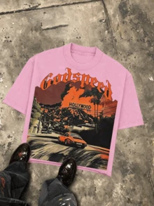 Holly Wood Hills Orange Sunset Distressed Wasteland Grunge Tee, Oversized 180g Thick Cotton, Post Apocalyptic Top For Men - 粉色 - 查看 14