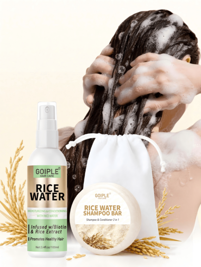 Goiple 80g Rice Water Shampoo Bar And 100ml Rice Water Spray Set, Solid Shampoo Bar, 2-In-1 Deep Cleansing And Nourishing Scalp, Fermented Rice Extract, Oil Control, Strengthen Fragile Hair, Repair Damaged Hair, Rice Essence Soap, Coconut Cleanser, Sulfate-Free, Rice Water Spray For Hair, Suitable For All Hair Types