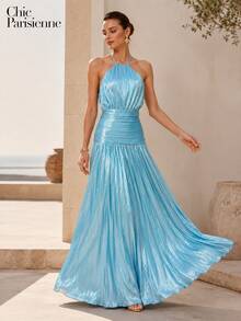 Lagoon Blue Metallic Plissé Halter Maxi Dress - 湖藍色 - 查看 9