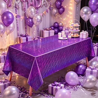 1/3pcs Purple Holographic Aluminum Foil Laser Tablecloth With Glitter Shiny Stars, Disposable Plastic Tablecloth 137*274cm, Suitable For Birthday Party, Wedding, Anniversary, Bachelorette Party Decoration