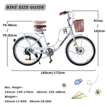 JMYXF 24/26 Inch Vintage Ladies Bike With Basket 7 Speed, Lightweight City Bicycle Retro Bicycle Rear Rack Adjustable Handlebar And Seat Disc Brake - White - View 3
