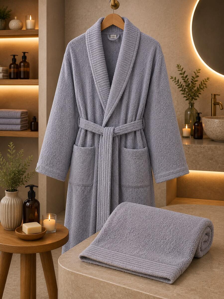 روب حمام بنمط ماسي من الجاكار مع ياقة شال - مقاسات S/M - L/XL - صنع في تركيا - ازرق ضبابي - مشاهدة 1