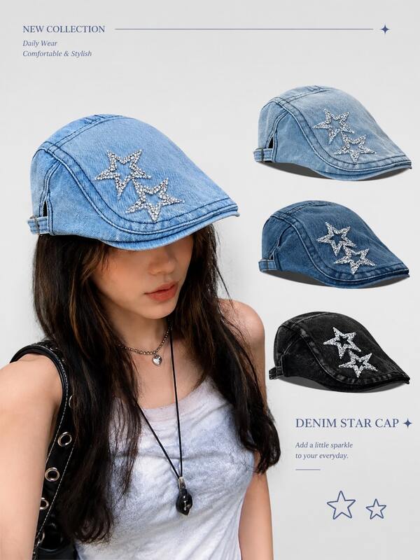 1pc Washed Newsboy Cap, Rhinestone Star Embroidery, Adjustable Beret Hat, Lightweight Breathable Sun-Shade For Women, Spring/Summer Streetwear
