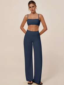 TimeOff Women's One Set Solid Color Spaghetti Strap Backless Bra High Waist Tummy Control Wide Leg Pants Sports Set - Blue - View 7
