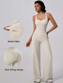 TimeOff Women's One Set Solid Color Racerback Detachable Padded Camisole & High Waist Wide Leg Pants Sports Set - Apricot - View 1