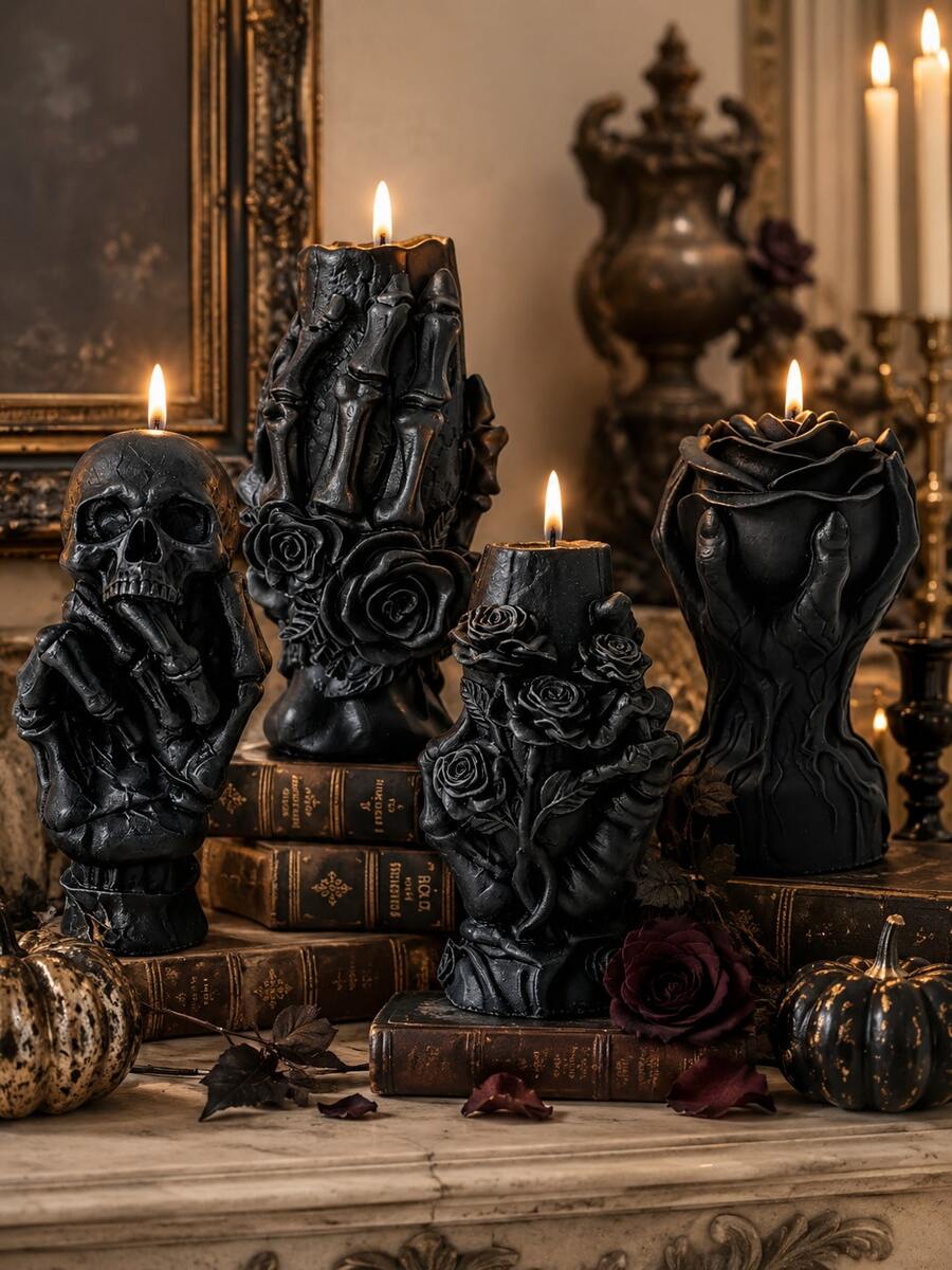 1pc Creative Gothic Skull Hand Series Aromatherapy Candle, Handmade Skull Hand With Rose, Bone Hand Holding Rose Soy Wax Candle For Tabletop Decor, Candle Gift, Altar Decoration, Halloween Candle, Unique Gift For Gothic Collectors, Indoor Home Decor, Late Autumn Holiday Gift, Fashion Scented Decorative Candle