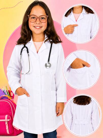 Jaleco Infantil Branco Escolar Oxford Manga Longa Menina Criança Jaqueta Juvenil Cosplay Fantasia Médico Cientista Laboratório
