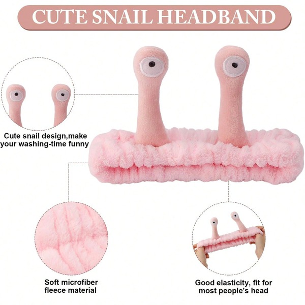 Faixa de Cabeça para Lavar o Rosto com Rosto de Caracol Fofo Preto/Rosa, Faixa de Cabeça Elástica de Fleece Coral com Caracol de Desenho Animado Divertido, Faixa de Cabeça Macia para Remoção de Maquiagem, Acessório de Cabelo para Banho, Cuidados com a Pele e Maquiagem Diária para Mulheres